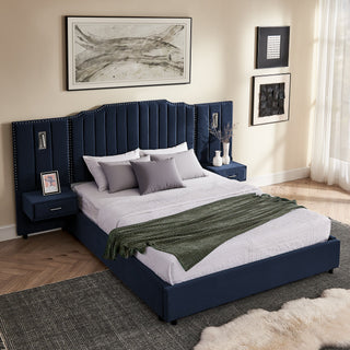 Sooke Velvet Upholstered Platform Bed with Integrated Nightstands