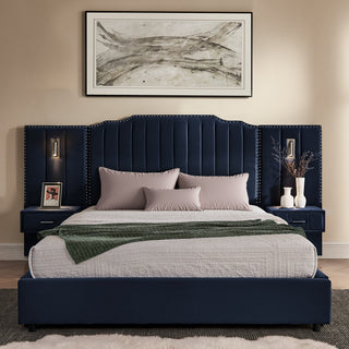 Sooke Velvet Upholstered Platform Bed with Integrated Nightstands