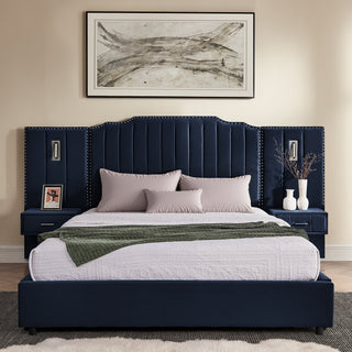 Sooke Velvet Upholstered Platform Bed with Integrated Nightstands
