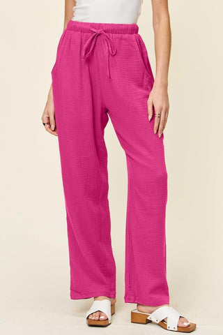 Double Take Texture Drawstring Straight Leg Pants