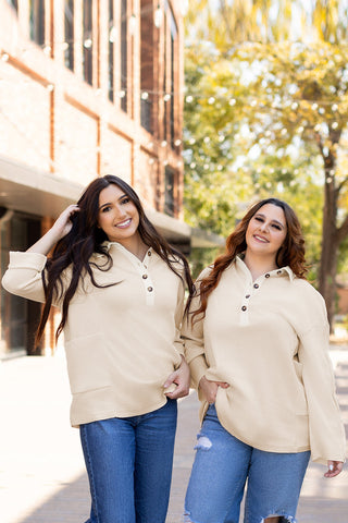 Waffle Knit Collared Half Button Top