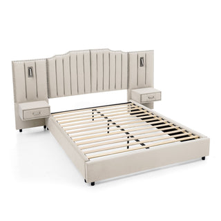 Sooke Velvet Upholstered Platform Bed with Integrated Nightstands