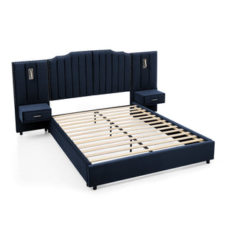Sooke Velvet Upholstered Platform Bed with Integrated Nightstands