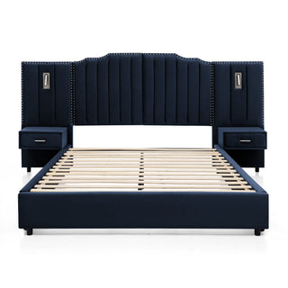 Sooke Velvet Upholstered Platform Bed with Integrated Nightstands