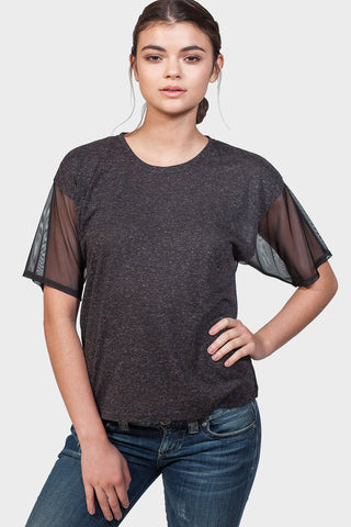Contrast Fabric Sheer Back T-Shirt