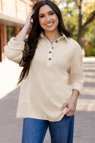 Waffle Knit Collared Half Button Top