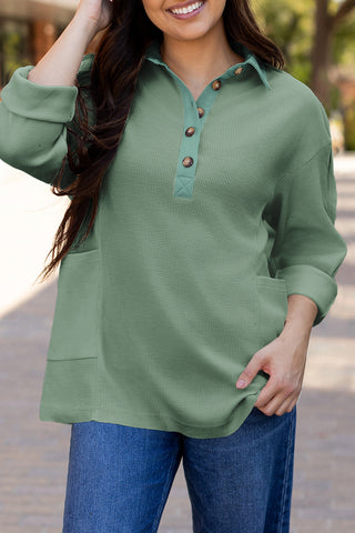 Waffle Knit Collared Half Button Top