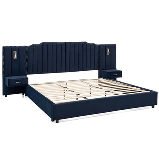 Sooke Velvet Upholstered Platform Bed with Integrated Nightstands