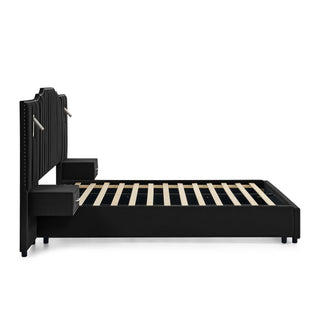 Sooke Velvet Upholstered Platform Bed with Integrated Nightstands