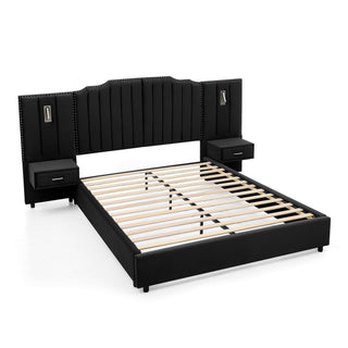 Sooke Velvet Upholstered Platform Bed with Integrated Nightstands