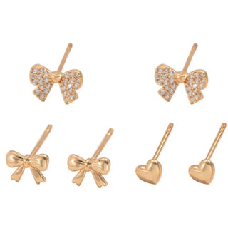 Bow Heart Stud Earrings Set