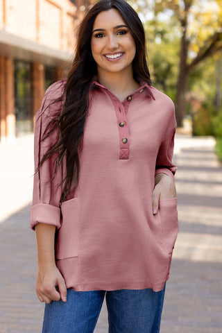 Waffle Knit Collared Half Button Top