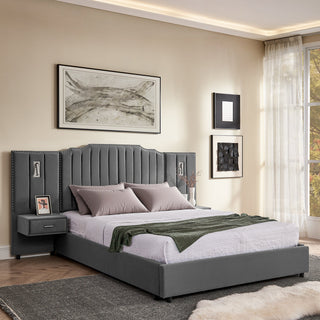 Sooke Velvet Upholstered Platform Bed with Integrated Nightstands