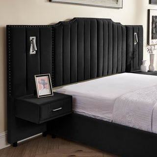 Sooke Velvet Upholstered Platform Bed with Integrated Nightstands