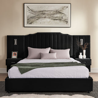Sooke Velvet Upholstered Platform Bed with Integrated Nightstands