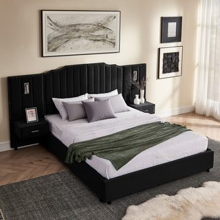 Sooke Velvet Upholstered Platform Bed with Integrated Nightstands