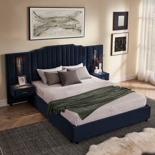 Sooke Velvet Upholstered Platform Bed with Integrated Nightstands