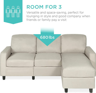Compact Linen Sectional Sofa With Chaise & Reversible Ottoman