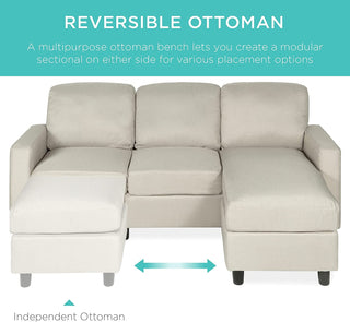 Compact Linen Sectional Sofa With Chaise & Reversible Ottoman