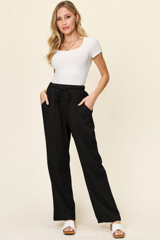 Double Take Texture Drawstring Straight Leg Pants