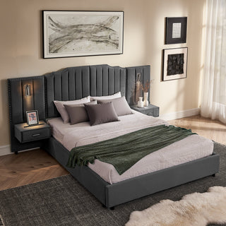 Sooke Velvet Upholstered Platform Bed with Integrated Nightstands
