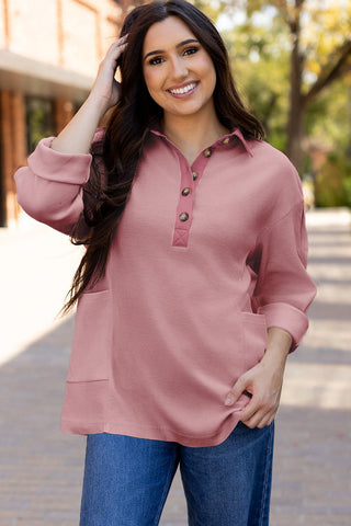 Waffle Knit Collared Half Button Top