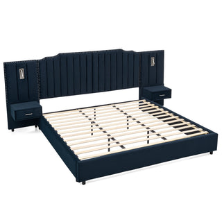 Sooke Velvet Upholstered Platform Bed with Integrated Nightstands