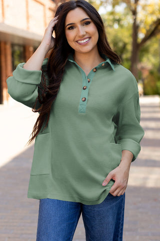Waffle Knit Collared Half Button Top