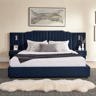 Sooke Velvet Upholstered Platform Bed with Integrated Nightstands