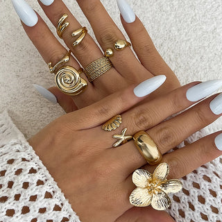 Petal & Water Drop Open Ring Set