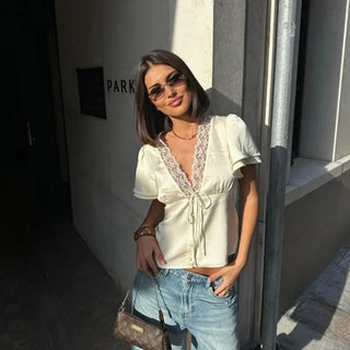 Satin & Lace V-Neck Short Sleeve Blouse