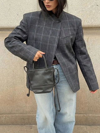 Plaid Stand Collar Blazer Coat