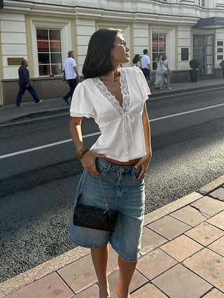 Satin & Lace V-Neck Short Sleeve Blouse