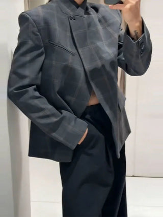 Plaid Stand Collar Blazer Coat