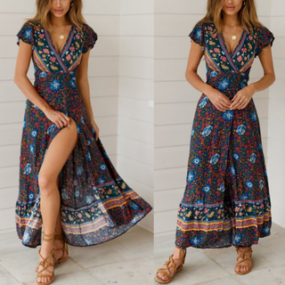 Wrap Style V-Neck Floral Maxi Dress