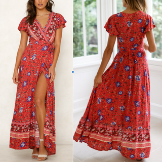 Wrap Style V-Neck Floral Maxi Dress