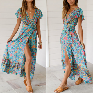 Wrap Style V-Neck Floral Maxi Dress