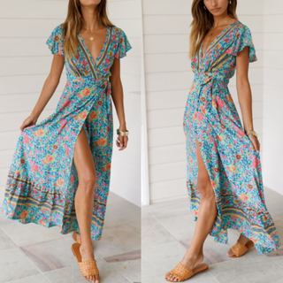 Wrap Style V-Neck Floral Maxi Dress