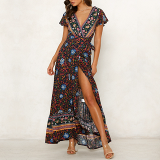 Wrap Style V-Neck Floral Maxi Dress