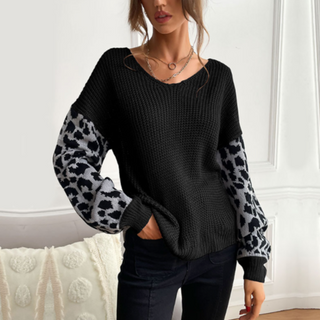 West Point Leopard-Sleeve V-Neck Sweater
