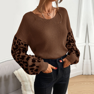 West Point Leopard-Sleeve V-Neck Sweater