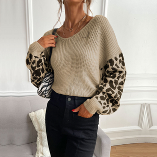 West Point Leopard-Sleeve V-Neck Sweater