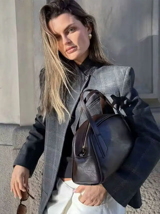 Plaid Stand Collar Blazer Coat