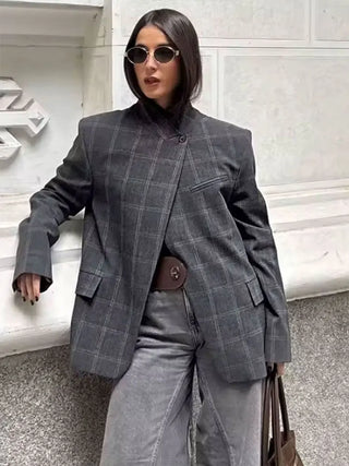 Plaid Stand Collar Blazer Coat