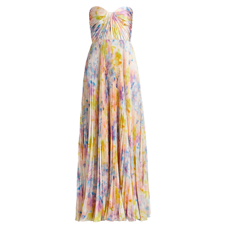 As It May Lexie Floral Plissé Chiffon Tie-Strap Gown