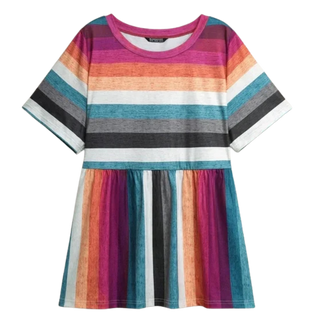 BloomChic Striped Crew Neck Gathered T-Shirt