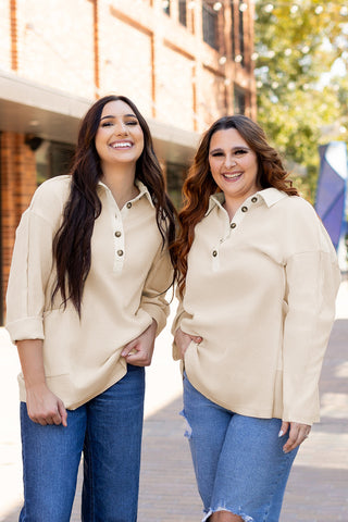 Waffle Knit Collared Half Button Top