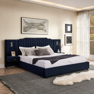 Sooke Velvet Upholstered Platform Bed with Integrated Nightstands