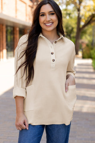 Waffle Knit Collared Half Button Top