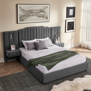 Sooke Velvet Upholstered Platform Bed with Integrated Nightstands